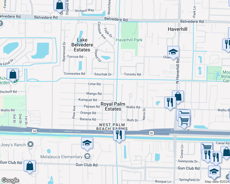 map of restaurants, bars, coffee shops, grocery stores, and more near 394 Caroline Avenue in West Palm Beach