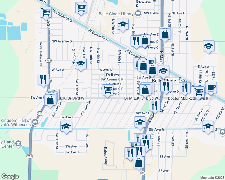 map of restaurants, bars, coffee shops, grocery stores, and more near 617 Southwest Avenue C Place in Belle Glade