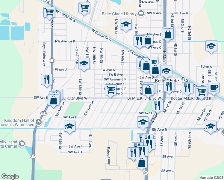 map of restaurants, bars, coffee shops, grocery stores, and more near 348 Southwest 8th Street in Belle Glade