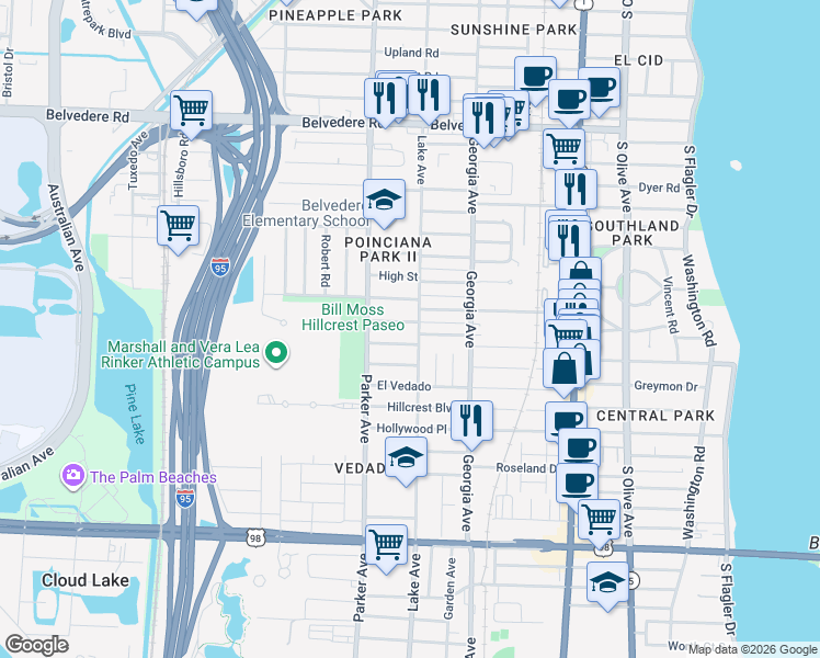 map of restaurants, bars, coffee shops, grocery stores, and more near 806 Ridgewood Drive in West Palm Beach