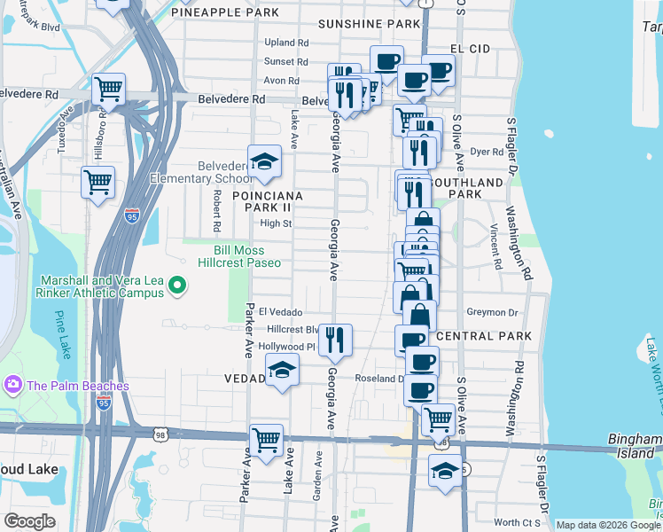 map of restaurants, bars, coffee shops, grocery stores, and more near 721 Ridgewood Drive in West Palm Beach