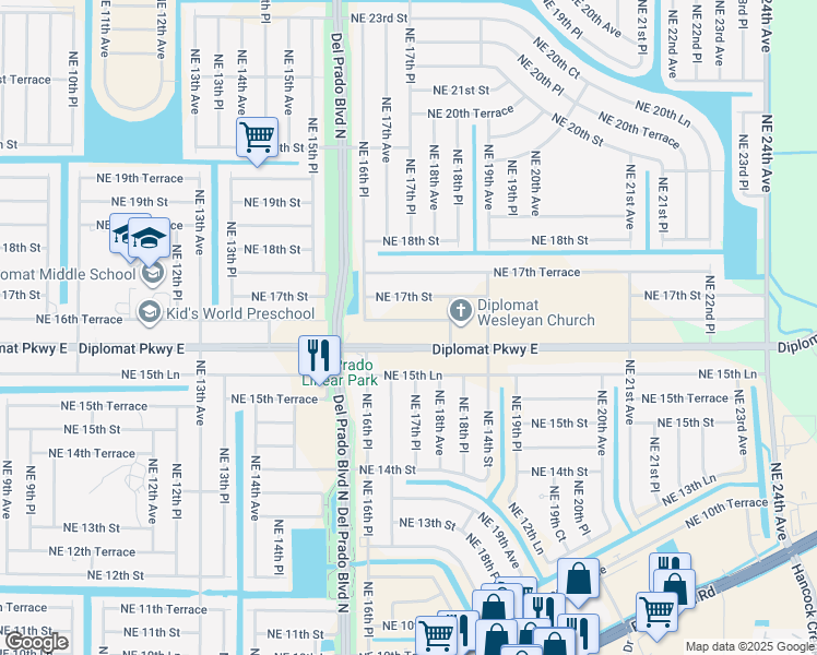 map of restaurants, bars, coffee shops, grocery stores, and more near 1710 Northeast 16th Terrace in Cape Coral