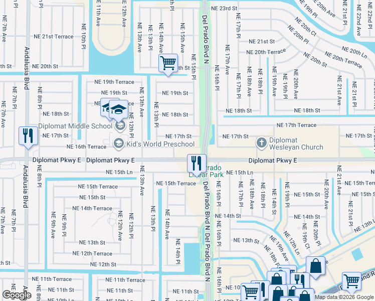 map of restaurants, bars, coffee shops, grocery stores, and more near 1506 Northeast 16th Terrace in Cape Coral