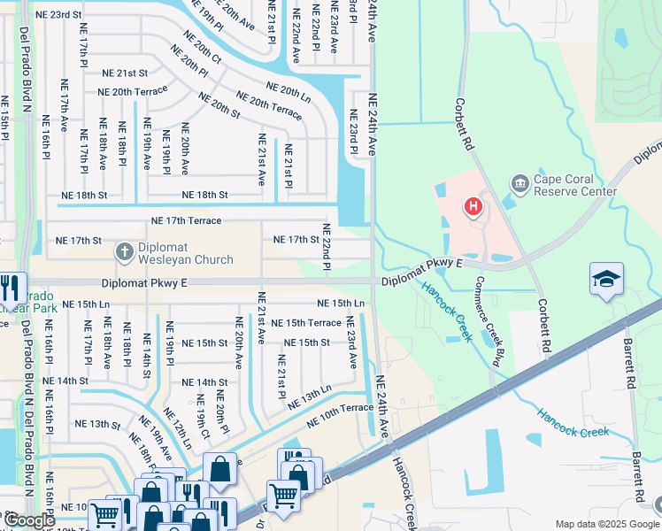 map of restaurants, bars, coffee shops, grocery stores, and more near 2302 Northeast 16th Terrace in Cape Coral