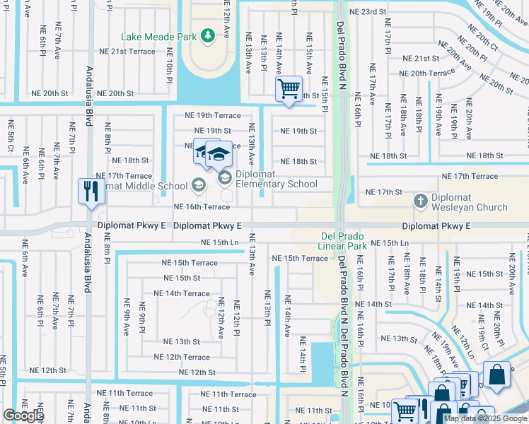 map of restaurants, bars, coffee shops, grocery stores, and more near 1312 Northeast 16th Terrace in Cape Coral