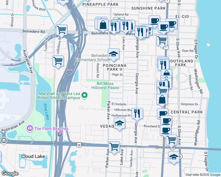 map of restaurants, bars, coffee shops, grocery stores, and more near 844 Ridgewood Drive in West Palm Beach
