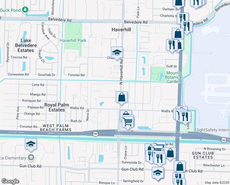 map of restaurants, bars, coffee shops, grocery stores, and more near 5050 Pinebreeze Court in West Palm Beach