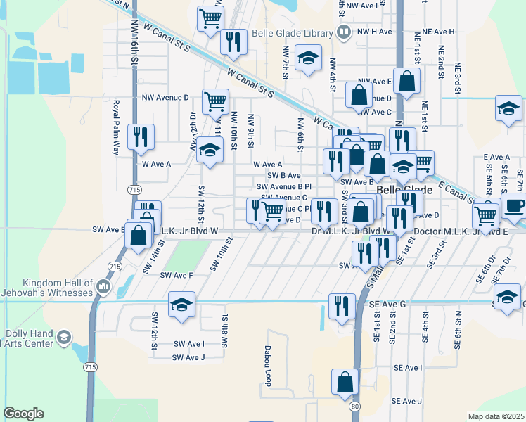 map of restaurants, bars, coffee shops, grocery stores, and more near 348 Southwest 8th Street in Belle Glade