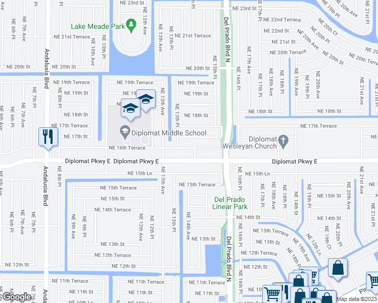map of restaurants, bars, coffee shops, grocery stores, and more near 1402 Northeast 16th Terrace in Cape Coral