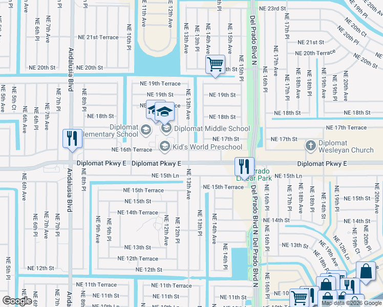 map of restaurants, bars, coffee shops, grocery stores, and more near 1312 Northeast 16th Terrace in Cape Coral