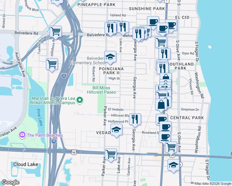 map of restaurants, bars, coffee shops, grocery stores, and more near 810 Ridgewood Drive in West Palm Beach