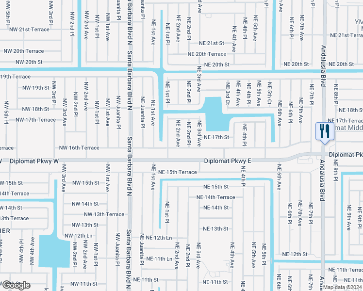 map of restaurants, bars, coffee shops, grocery stores, and more near 1614 Northeast 2nd Place in Cape Coral