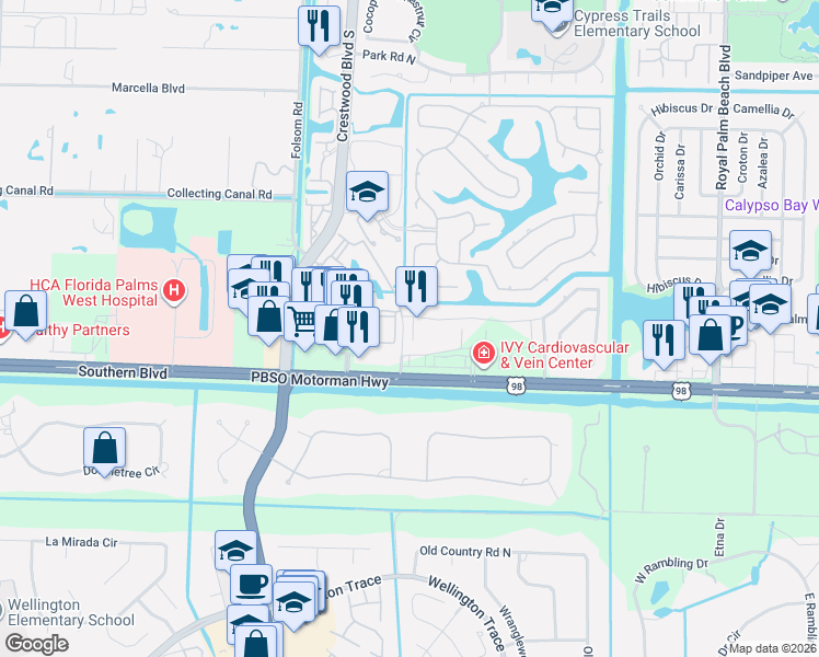 map of restaurants, bars, coffee shops, grocery stores, and more near 91 Palm Lane in Royal Palm Beach