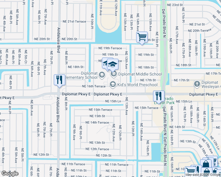 map of restaurants, bars, coffee shops, grocery stores, and more near 1120 Northeast 16th Terrace in Cape Coral
