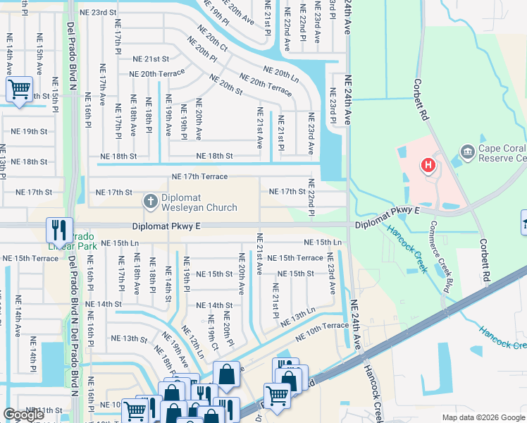 map of restaurants, bars, coffee shops, grocery stores, and more near 2102 Northeast 16th Terrace in Cape Coral