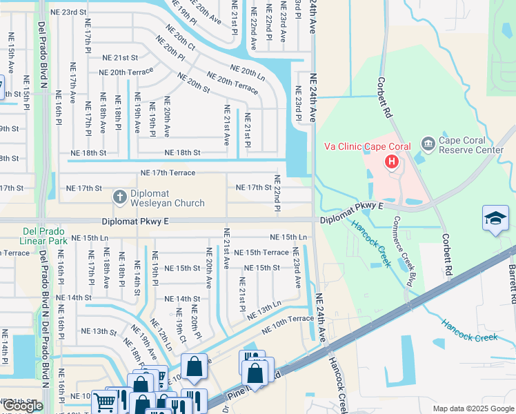 map of restaurants, bars, coffee shops, grocery stores, and more near 2130 Northeast 16th Terrace in Cape Coral