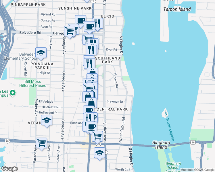 map of restaurants, bars, coffee shops, grocery stores, and more near 227 Marlborough Road in West Palm Beach