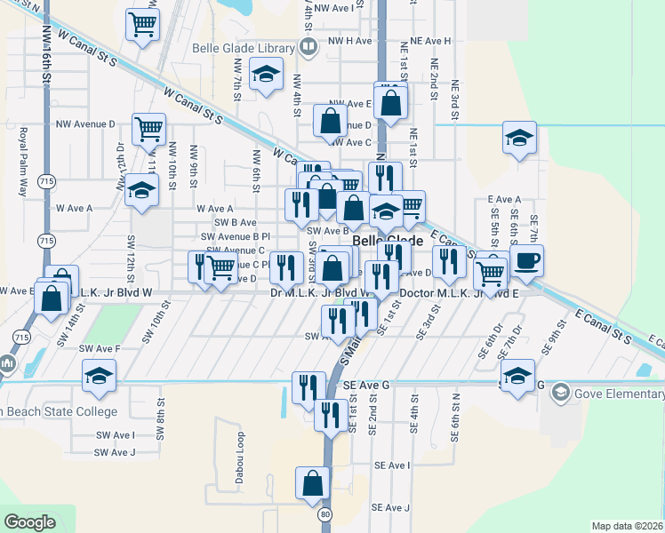 map of restaurants, bars, coffee shops, grocery stores, and more near 201 Southwest Avenue D in Belle Glade