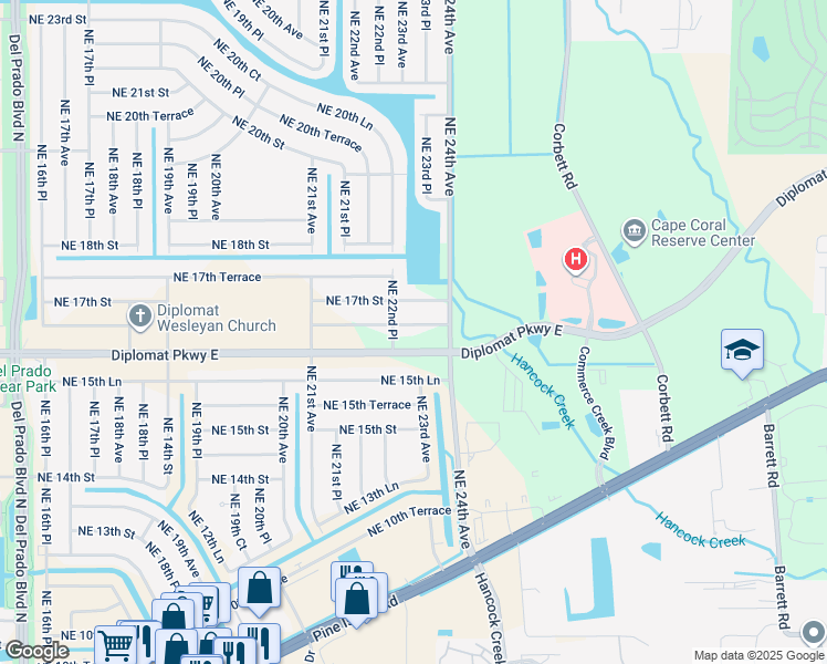 map of restaurants, bars, coffee shops, grocery stores, and more near 2302 Northeast 16th Terrace in Cape Coral