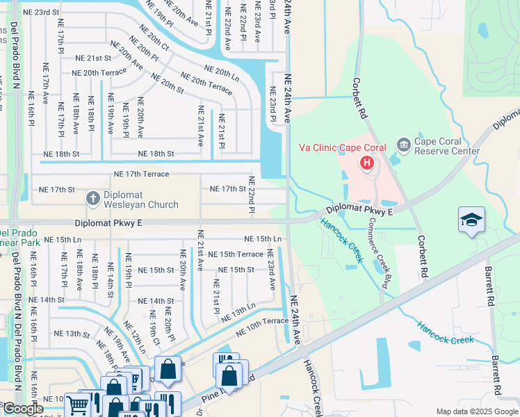 map of restaurants, bars, coffee shops, grocery stores, and more near 2302 Northeast 16th Terrace in Cape Coral