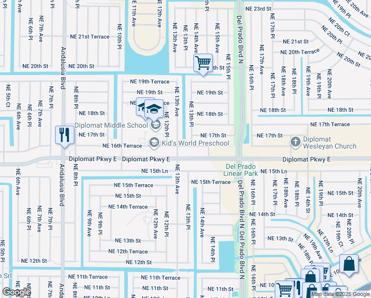 map of restaurants, bars, coffee shops, grocery stores, and more near 1312 Northeast 16th Terrace in Cape Coral