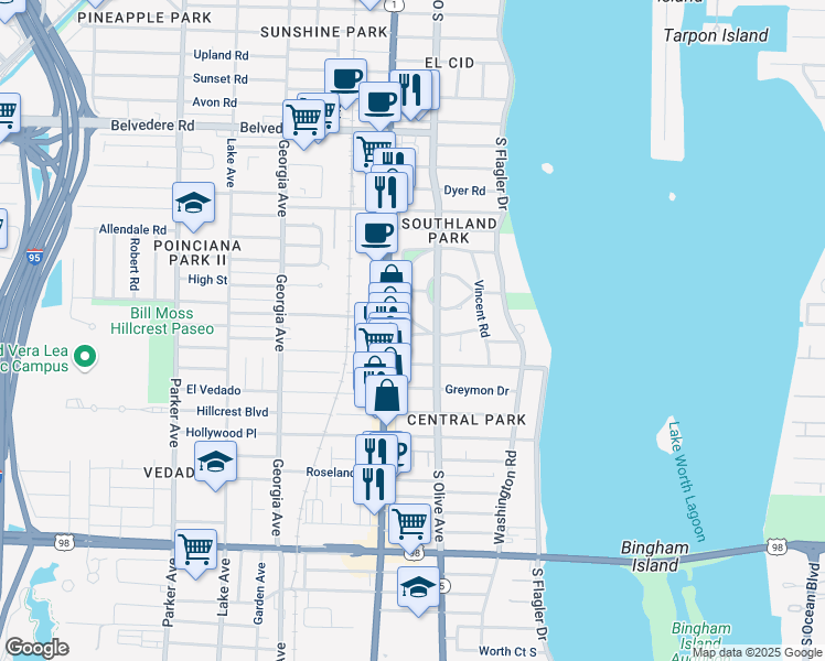map of restaurants, bars, coffee shops, grocery stores, and more near 336 Marlborough Place in West Palm Beach