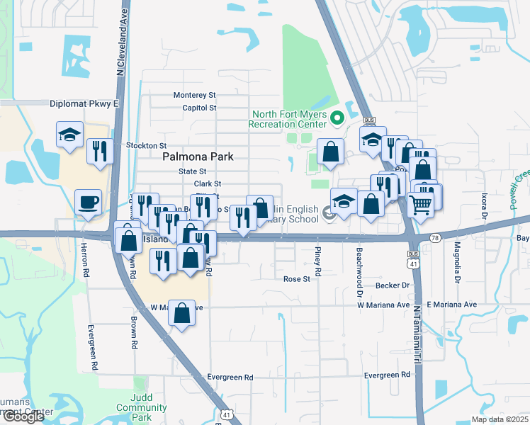 map of restaurants, bars, coffee shops, grocery stores, and more near 229 San Bernardino Street in North Fort Myers