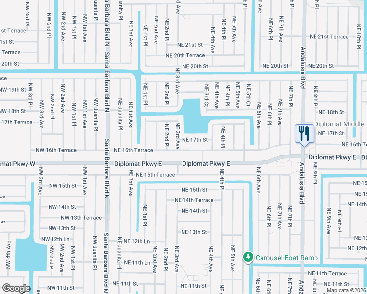 map of restaurants, bars, coffee shops, grocery stores, and more near 307 Northeast 16th Terrace in Cape Coral