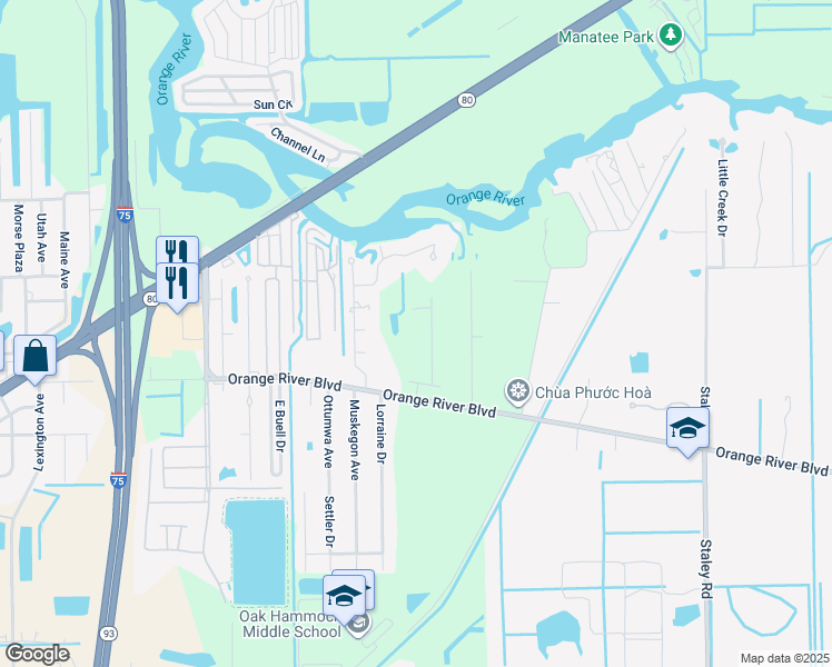 map of restaurants, bars, coffee shops, grocery stores, and more near 10311 Orange River Boulevard in Fort Myers