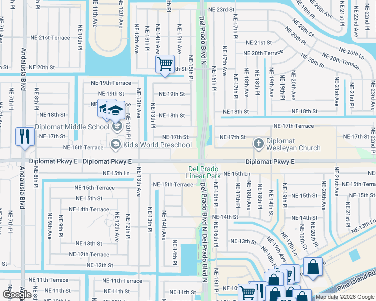map of restaurants, bars, coffee shops, grocery stores, and more near 1506 Northeast 16th Terrace in Cape Coral