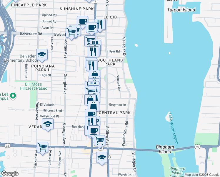 map of restaurants, bars, coffee shops, grocery stores, and more near 227 Marlborough Road in West Palm Beach