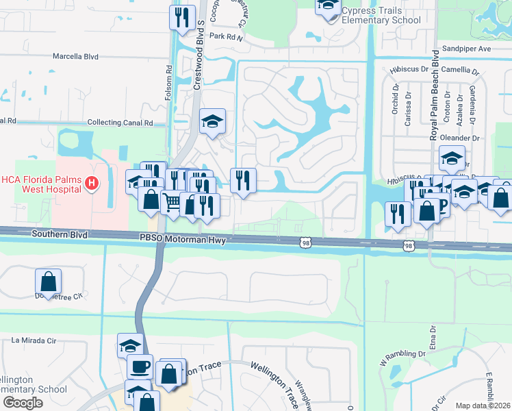 map of restaurants, bars, coffee shops, grocery stores, and more near 12104 Cypress Key Way in Royal Palm Beach