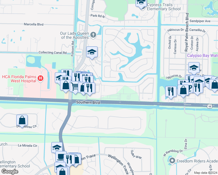 map of restaurants, bars, coffee shops, grocery stores, and more near 12104 Cypress Key Way in Royal Palm Beach
