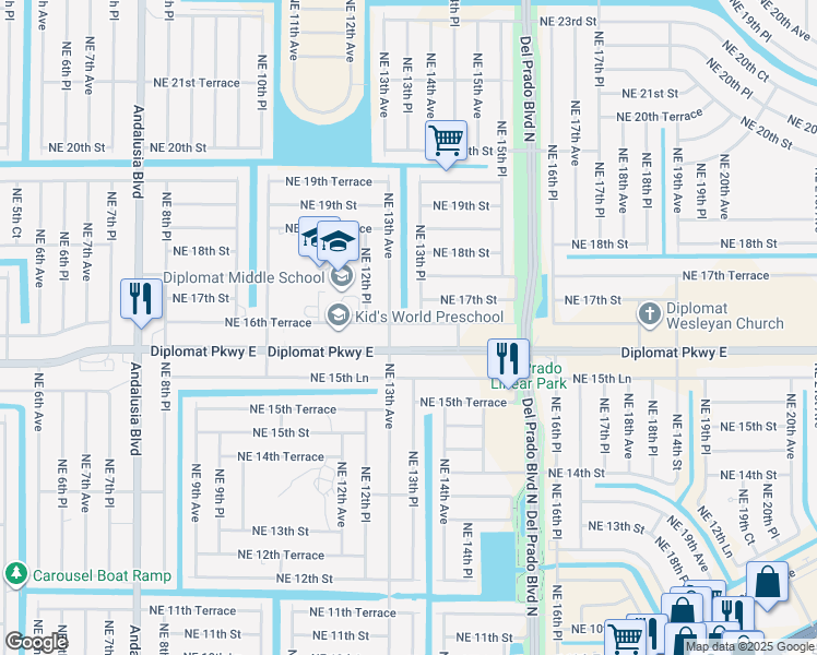 map of restaurants, bars, coffee shops, grocery stores, and more near 1312 Northeast 16th Terrace in Cape Coral