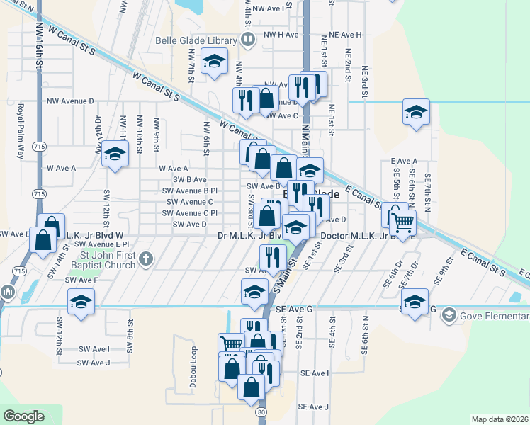 map of restaurants, bars, coffee shops, grocery stores, and more near 333 Southwest 2 Street Place in Belle Glade