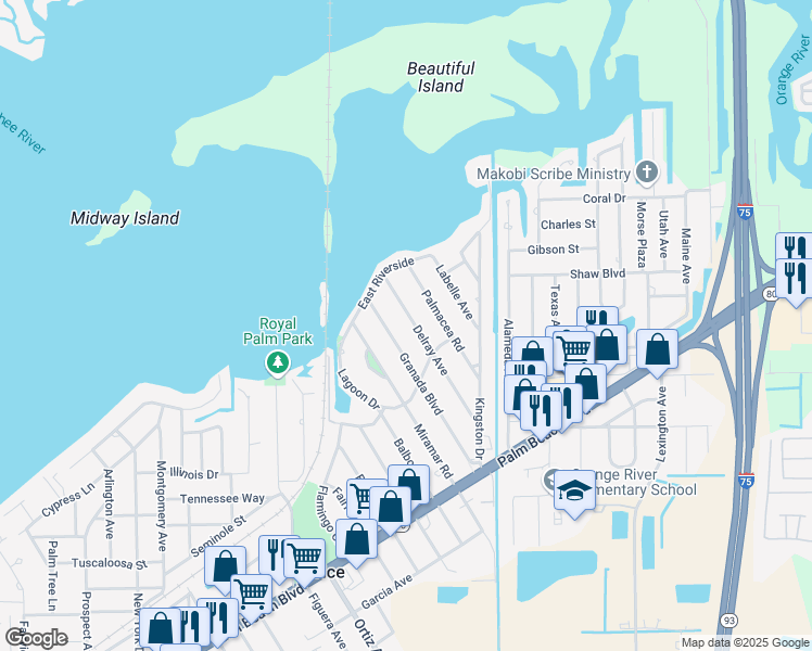 map of restaurants, bars, coffee shops, grocery stores, and more near 235 Delray Avenue in Fort Myers