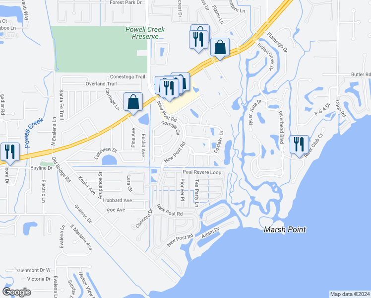 map of restaurants, bars, coffee shops, grocery stores, and more near 7049 New Post Road in North Fort Myers