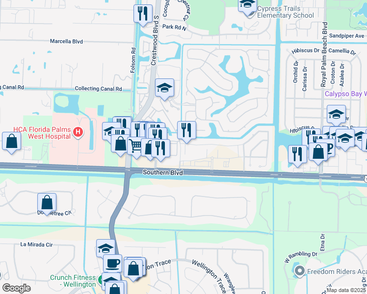 map of restaurants, bars, coffee shops, grocery stores, and more near 91 Palm Lane in Royal Palm Beach