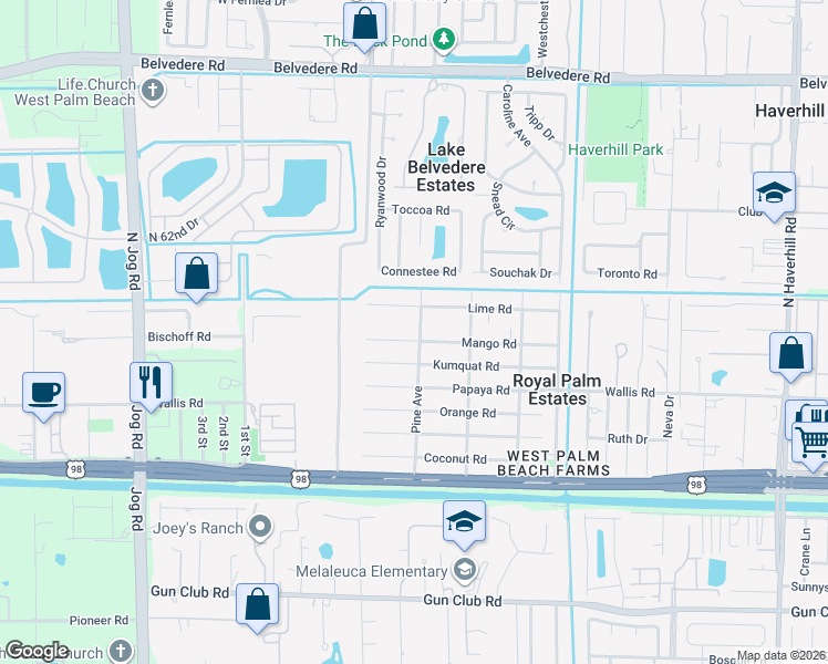 map of restaurants, bars, coffee shops, grocery stores, and more near 385 Pine Avenue in West Palm Beach