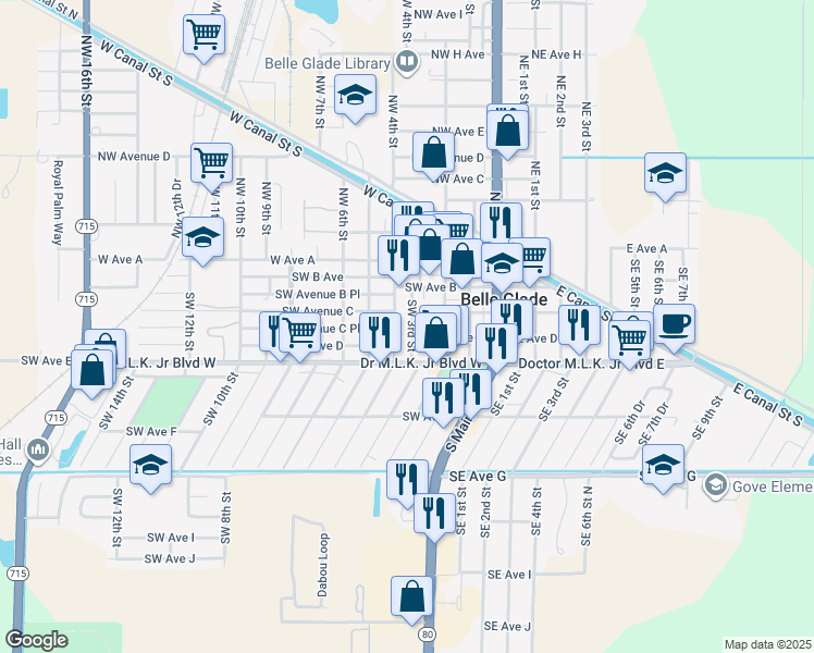 map of restaurants, bars, coffee shops, grocery stores, and more near 332 Southwest 3rd Street in Belle Glade