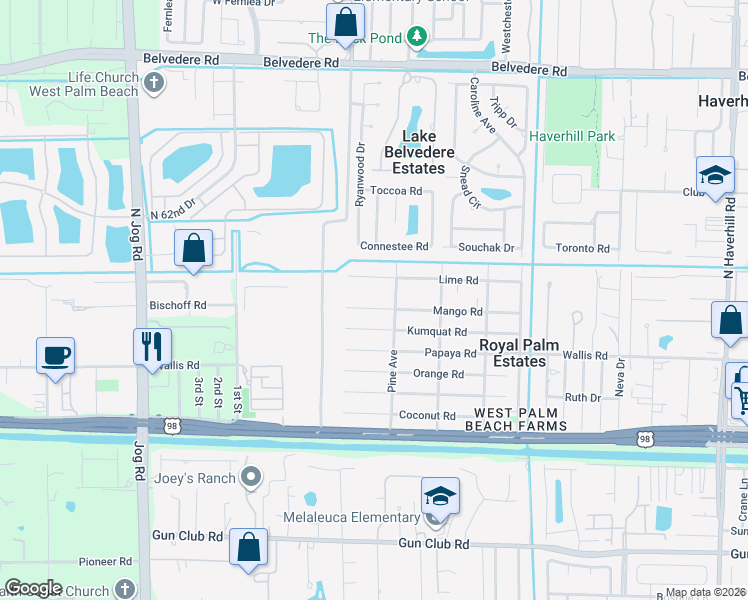 map of restaurants, bars, coffee shops, grocery stores, and more near 5969 Mango Road in West Palm Beach