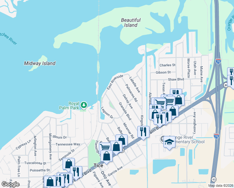 map of restaurants, bars, coffee shops, grocery stores, and more near 216 Granada Boulevard in Fort Myers