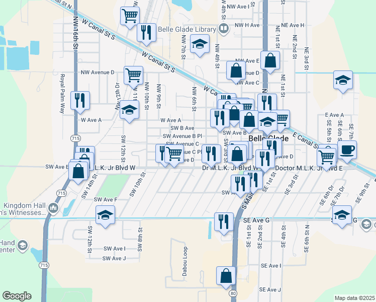 map of restaurants, bars, coffee shops, grocery stores, and more near 617 Southwest Avenue C Place in Belle Glade