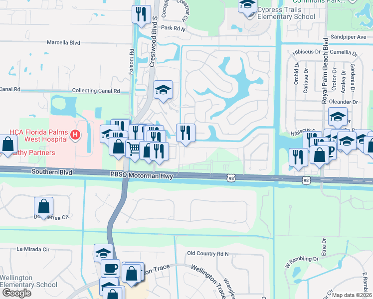 map of restaurants, bars, coffee shops, grocery stores, and more near 91 Palm Lane in Royal Palm Beach