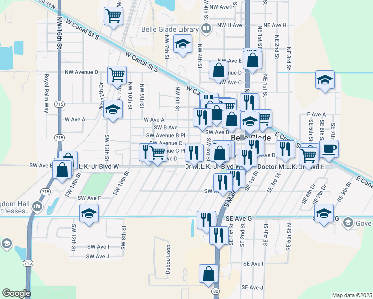 map of restaurants, bars, coffee shops, grocery stores, and more near 324 Southwest 5th Street in Belle Glade
