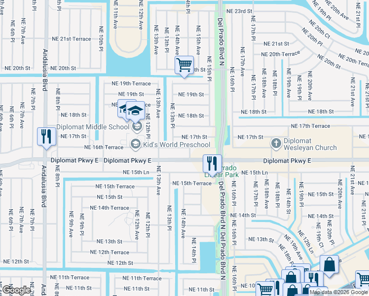 map of restaurants, bars, coffee shops, grocery stores, and more near 1404 Northeast 16th Terrace in Cape Coral