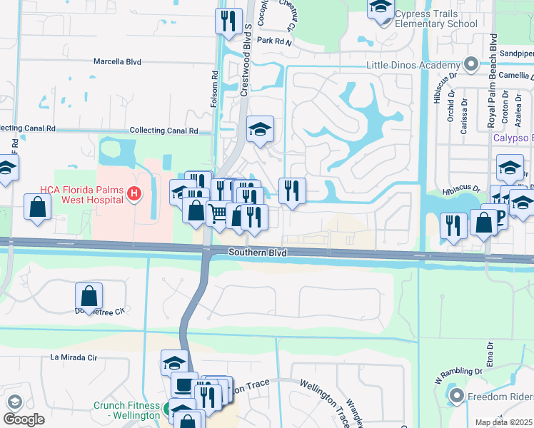 map of restaurants, bars, coffee shops, grocery stores, and more near 1100 Crestwood Court South in Royal Palm Beach