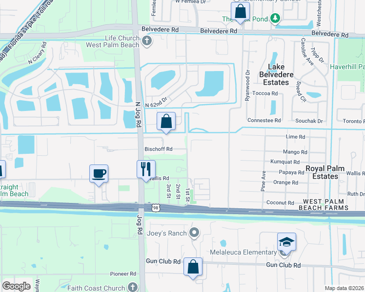 map of restaurants, bars, coffee shops, grocery stores, and more near 6289 Bischoff Road in West Palm Beach