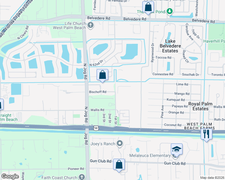 map of restaurants, bars, coffee shops, grocery stores, and more near 6289 Bischoff Road in West Palm Beach