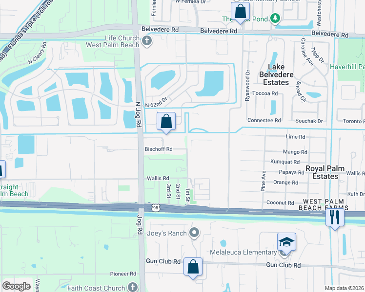 map of restaurants, bars, coffee shops, grocery stores, and more near 6289 Bischoff Road in West Palm Beach